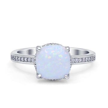Elegant Hidden Halo Cushion Fashion Ring Lab Created White Opal 925 Sterling Silver Wholesale